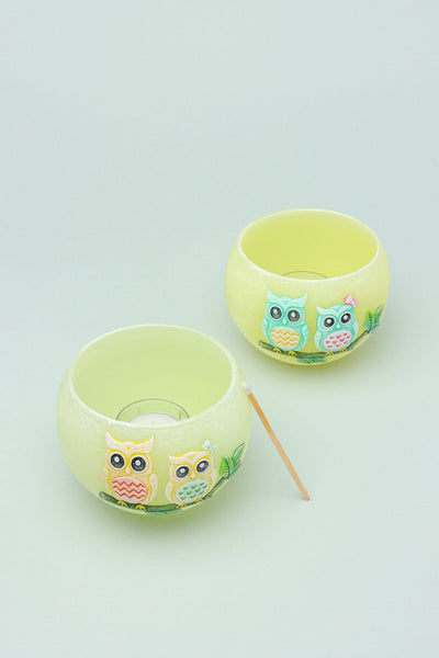 Hootique Owl Couple Tealight Holder in Yellow and Green