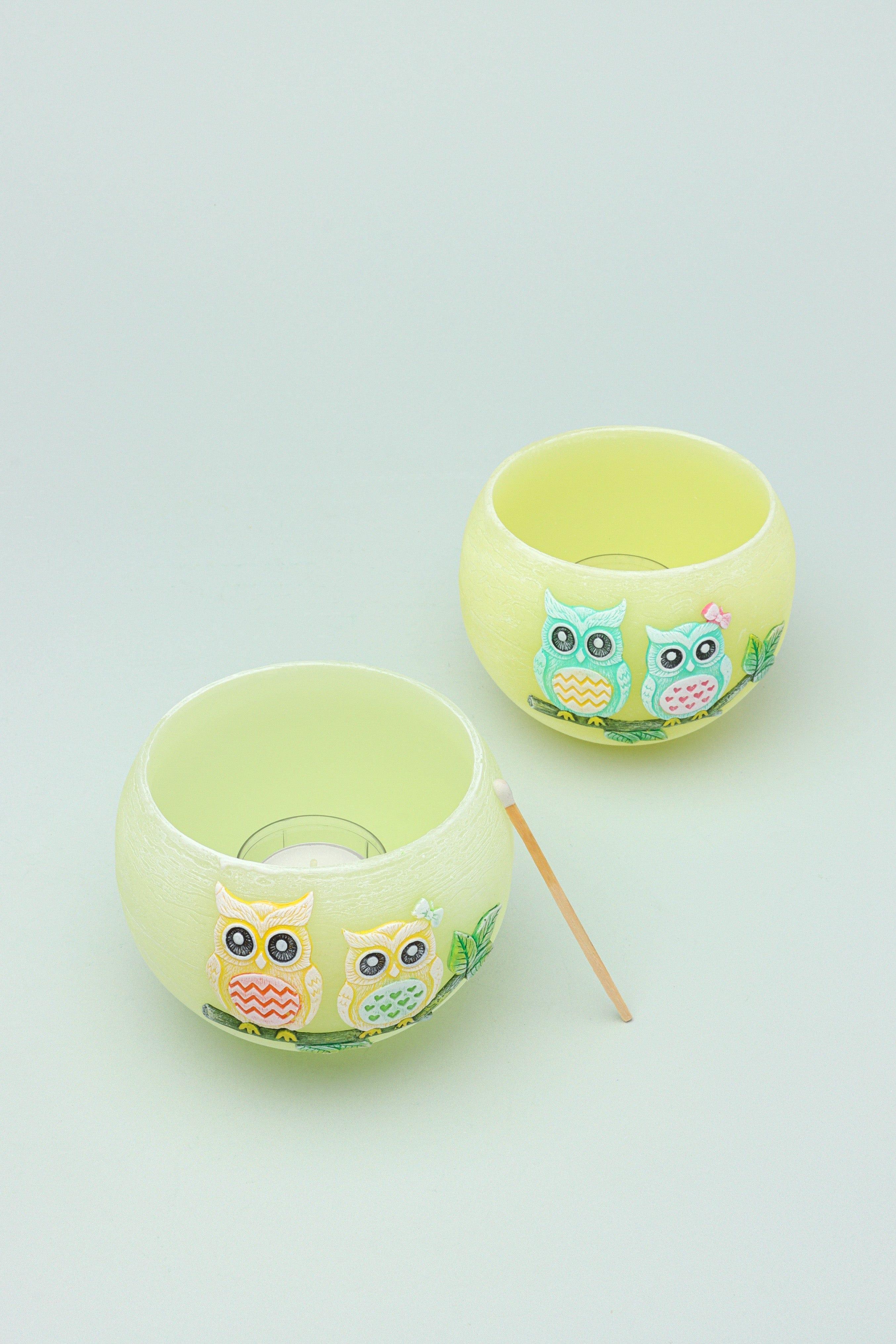 Handmade Hootique Owl Couple Tealight Holder Yellow & Green Owls in Chubby Cuteness - G Decor