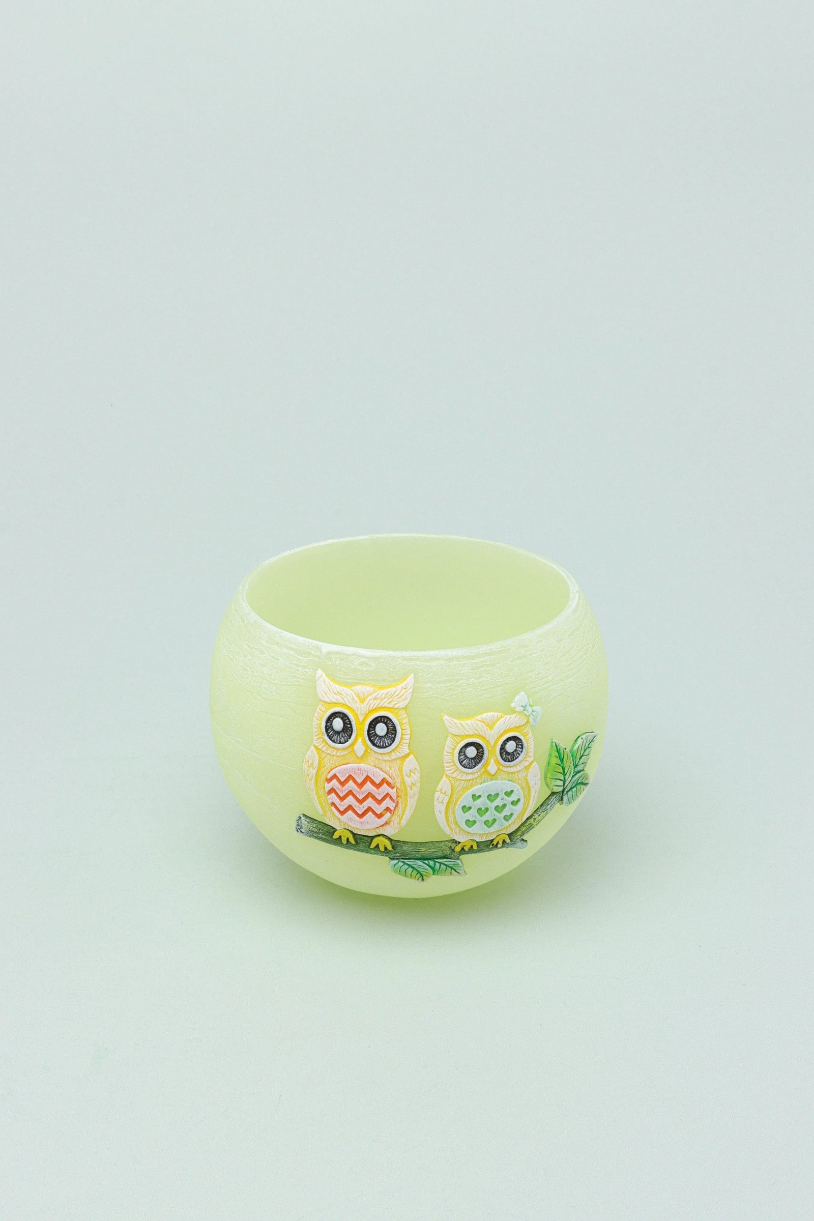 Hootique Owl Couple Tealight Holder in Yellow and Green — lifestyle view, G Decor