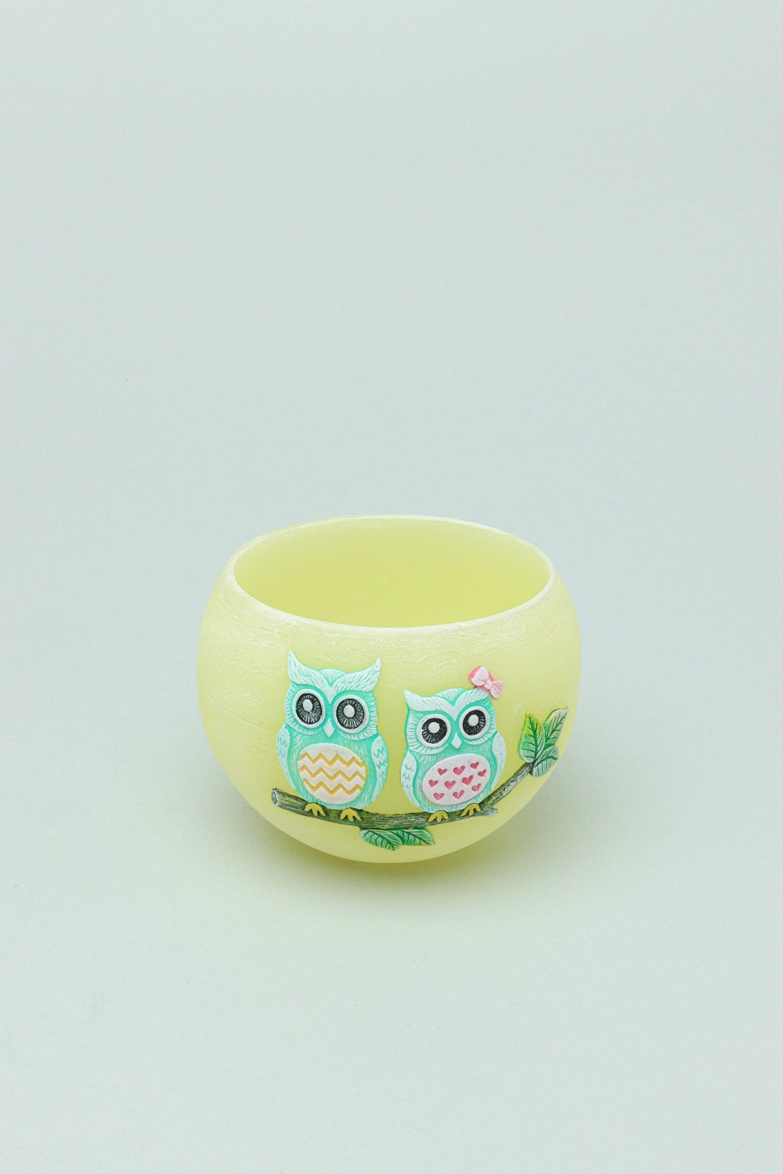 Hootique Owl Couple Tealight Holder in Yellow and Green — close-up view, G Decor