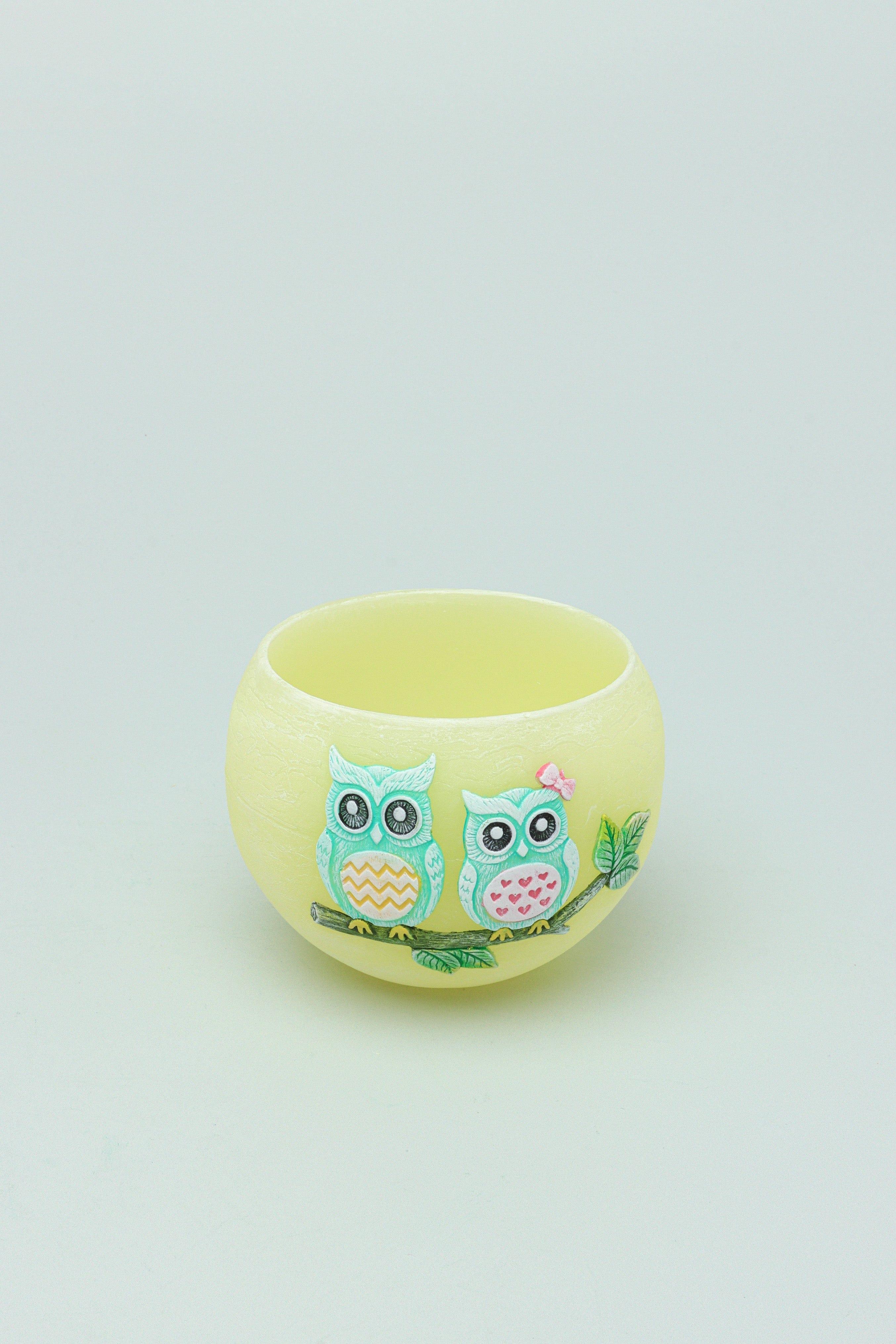 Handmade Hootique Owl Couple Tealight Holder Yellow & Green Owls in Chubby Cuteness - G Decor
