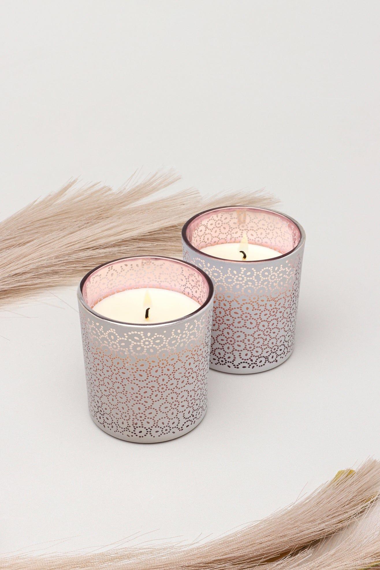 G Decor Candles & Candle Holders Set of Two Pink Havana Pair Scented Fresh Moso Bamboo Soy Wax Textured Pink Glass Jars