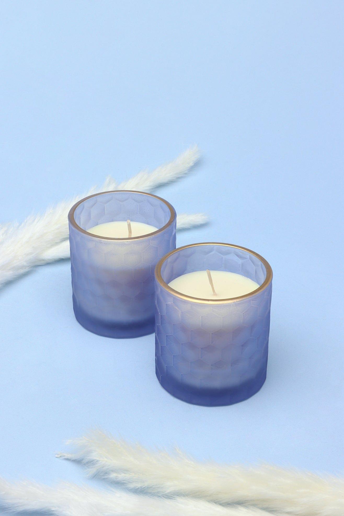 G Decor Candles & Candle Holders Set of Two Havana Pair Scented Sandalwood Soy Wax Textured Purple Blue Glass Jars