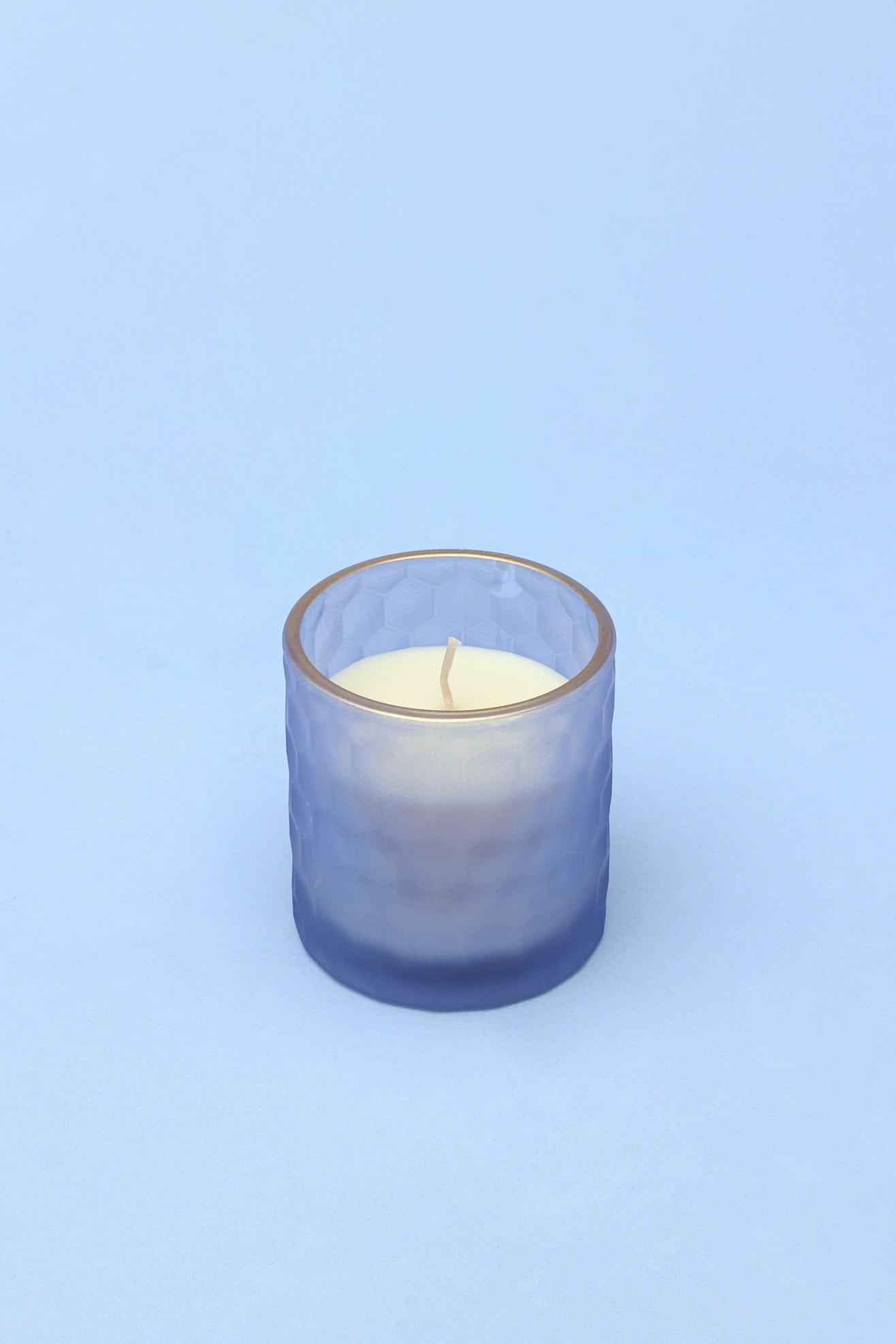 G Decor Candles & Candle Holders Set of Two Havana Pair Scented Sandalwood Soy Wax Textured Purple Blue Glass Jars