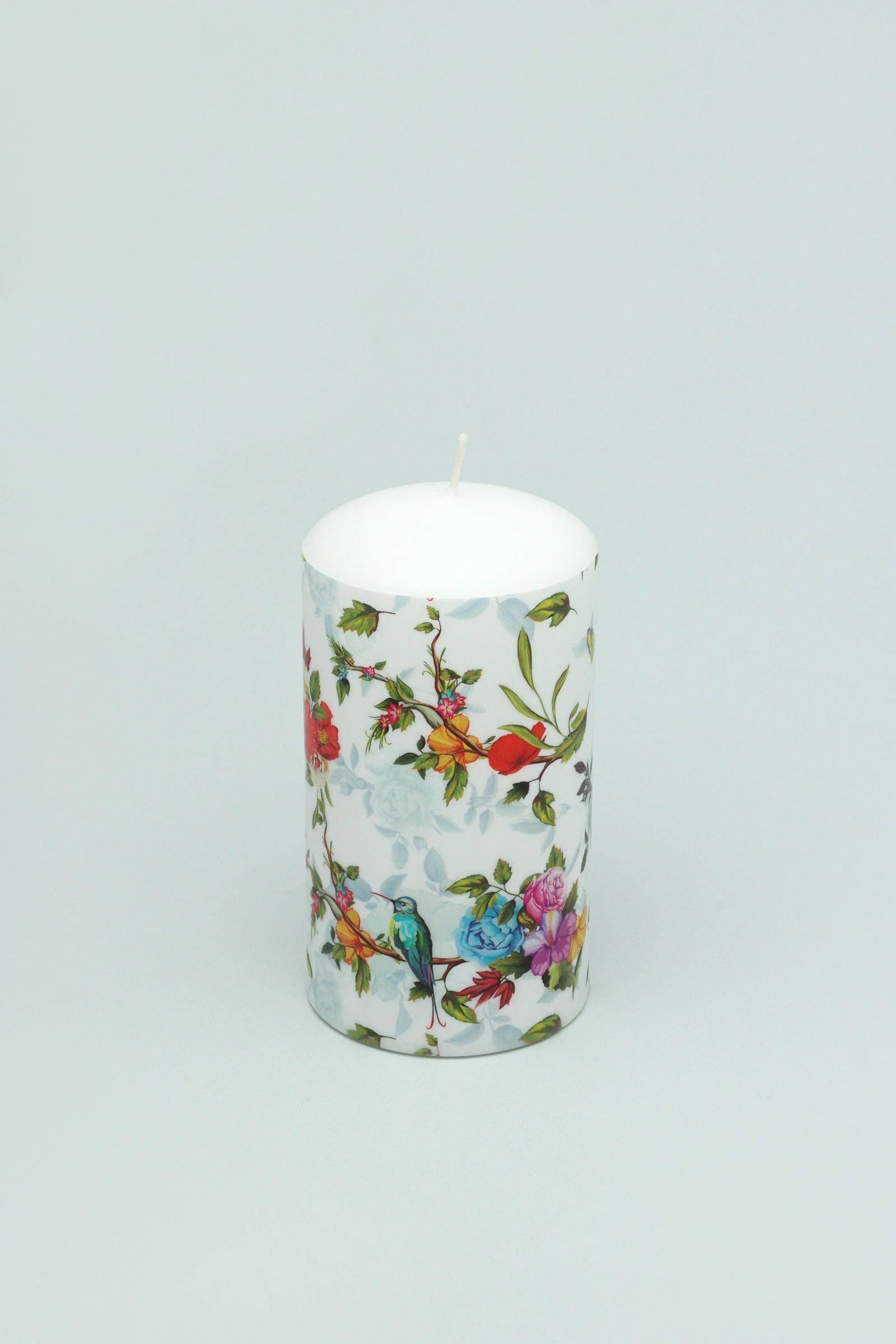 Hummingbird Southern Joy Summer Rose Garden Pillar Candle — close-up view, G Decor