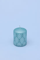 Frosted blue quartz pillar candle close-up showing surface detail — G Decor