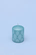 Frosted blue quartz pillar candle close-up showing surface detail — G Decor