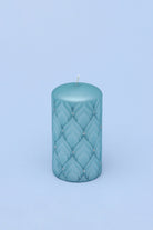 Frosted blue quartz pillar candle with hand-finished texture — alternate view, G Decor