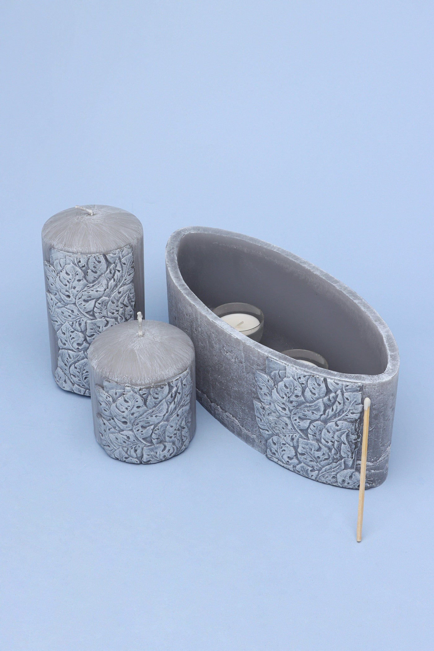G Decor Candles Grey / Set Juliet Leaves Light Grey 3D Pillar Candle
