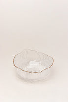 Large Calypso Pressed Glass Serving Bowl with Gold Rim — close-up view, G Decor