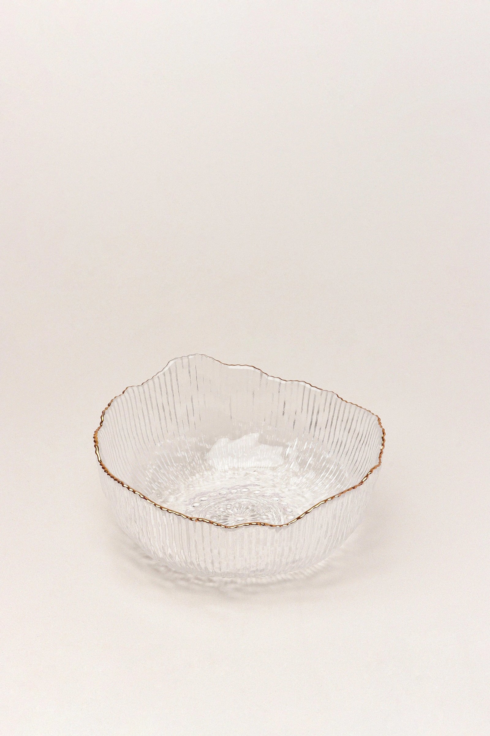 Large Calypso Pressed Glass Serving Bowl with Gold Rim — close-up view, G Decor