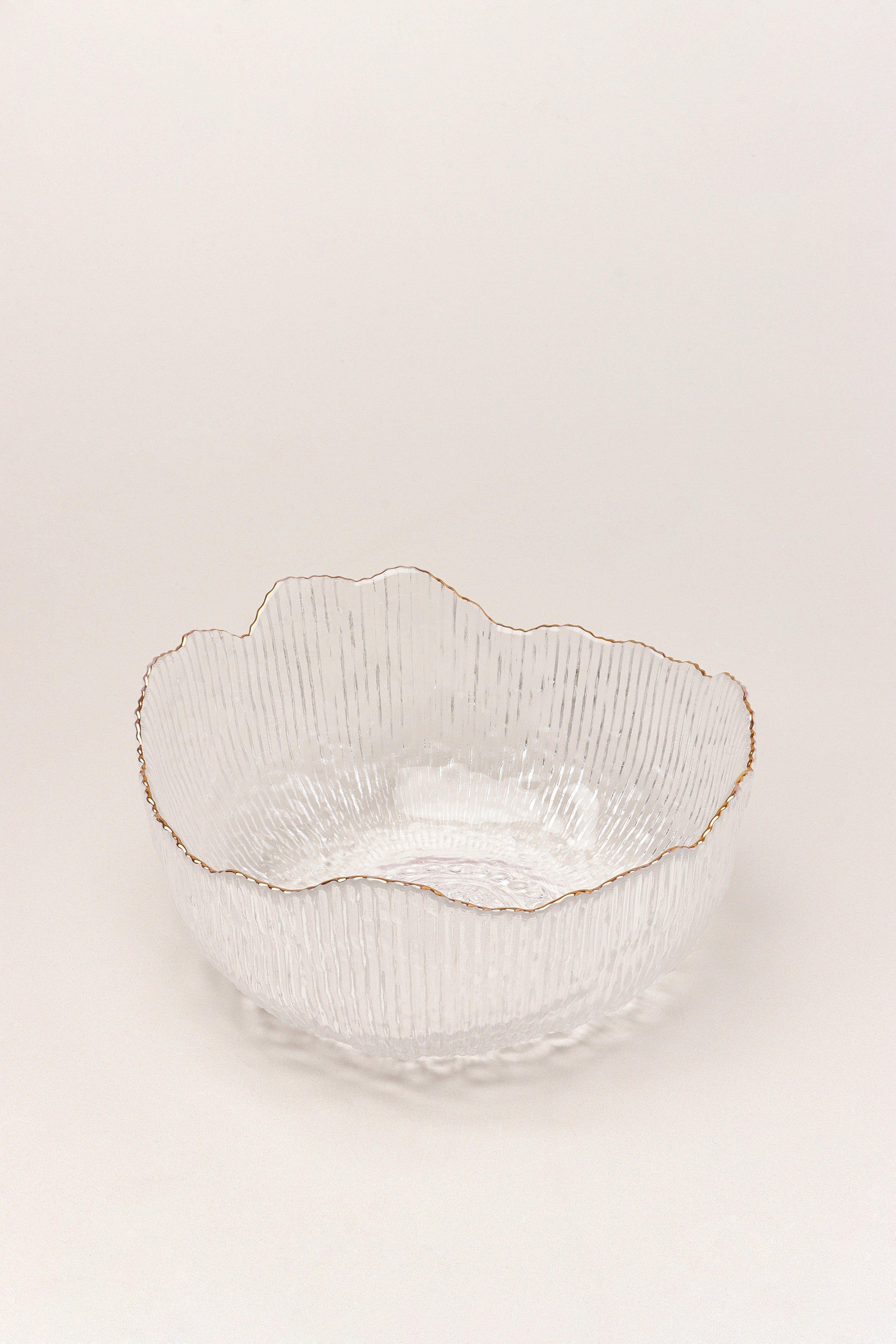 Large Calypso Irregular Transparent Clear Pressed Glass Gold Rim Serving Bowls Table Bowl - G Decor