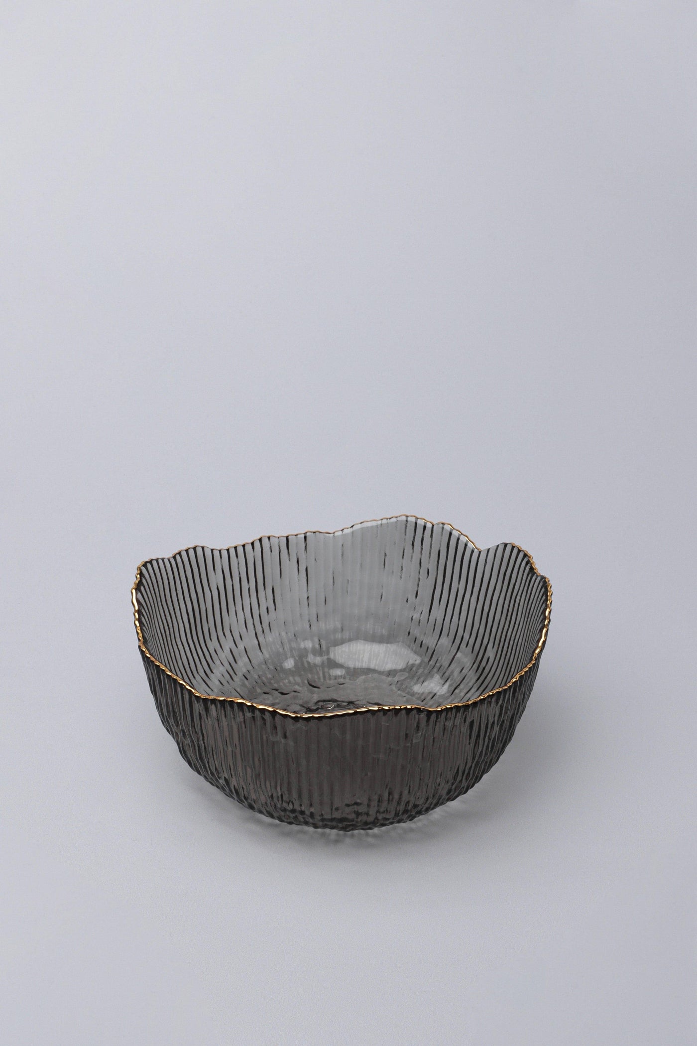 Gdecorstore Bowls Grey Set Of Three Large Calypso Irregular Transparent Grey Pressed Glass Gold Rim Serving Bowls