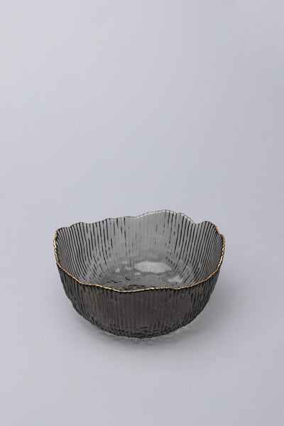 Gdecorstore Bowls Grey Set Of Three Large Calypso Irregular Transparent Grey Pressed Glass Gold Rim Serving Bowls