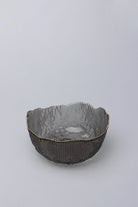 Large Calypso Pressed Glass Serving Bowl in Grey with Gold Rim — close-up view, G Decor