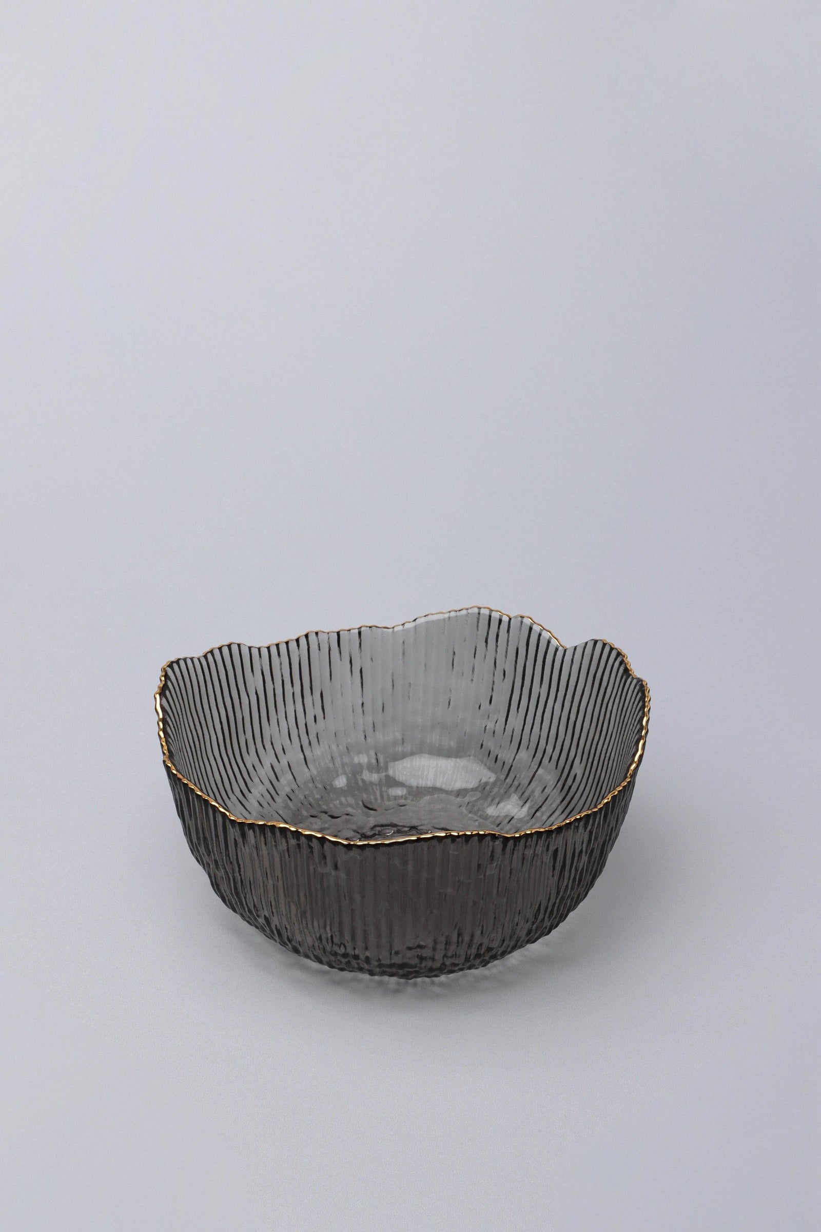 Large Calypso Pressed Glass Serving Bowl in Grey with Gold Rim — close-up view, G Decor