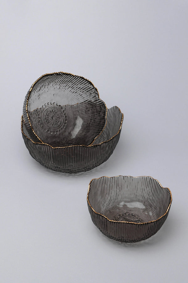 Large Calypso Pressed Glass Serving Bowl in Grey with Gold Rim