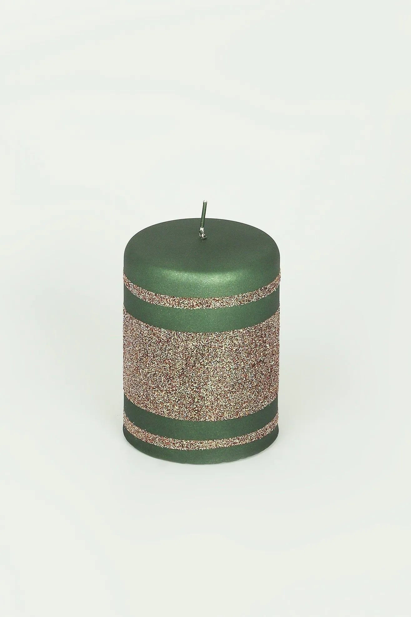 Clarae Matte Pillar and Ball Candles, Green and Gold — close-up view, G Decor