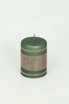Clarae Matte Pillar and Ball Candles, Green and Gold — close-up view, G Decor