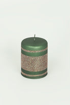 Matte Finish Clarae Limited Edition Hand-Finished Green & Gold Stripe Glitter Pillar & Ball Candles - G Decor