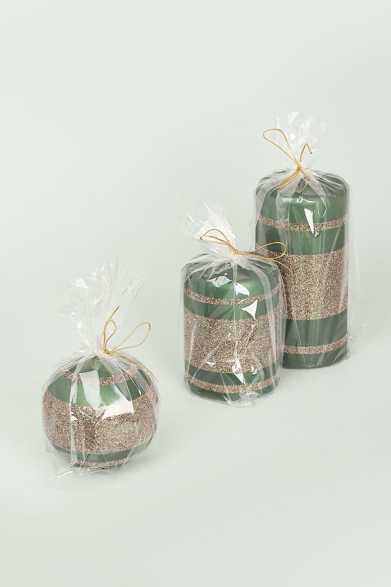 Matte Finish Clarae Limited Edition Hand-Finished Green & Gold Stripe Glitter Pillar & Ball Candles - G Decor