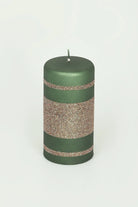 Clarae Matte Pillar and Ball Candles, Green and Gold — lifestyle view, G Decor
