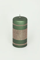 Matte Finish Clarae Limited Edition Hand-Finished Green & Gold Stripe Glitter Pillar & Ball Candles - G Decor