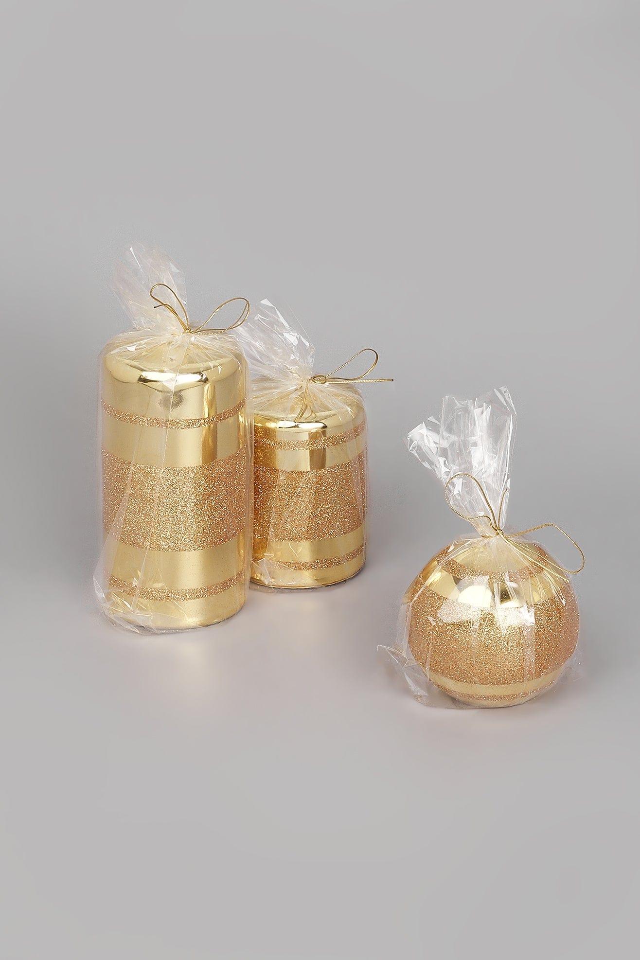 Mirror Glass Effect Clarae Limited Edition Hand-Finished Gold Stripe Glitter Pillar &amp; Ball Candles - G Decor
