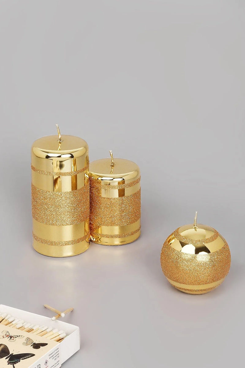 Clarae Mirror Glass Pillar and Ball Candles in Gold Stripe Glitter