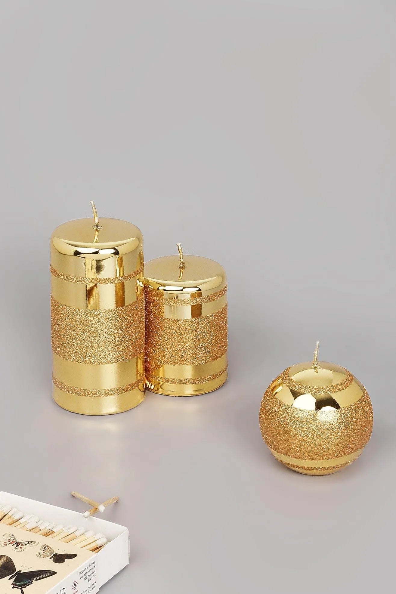 Clarae Mirror Glass Pillar and Ball Candles in Gold Stripe Glitter