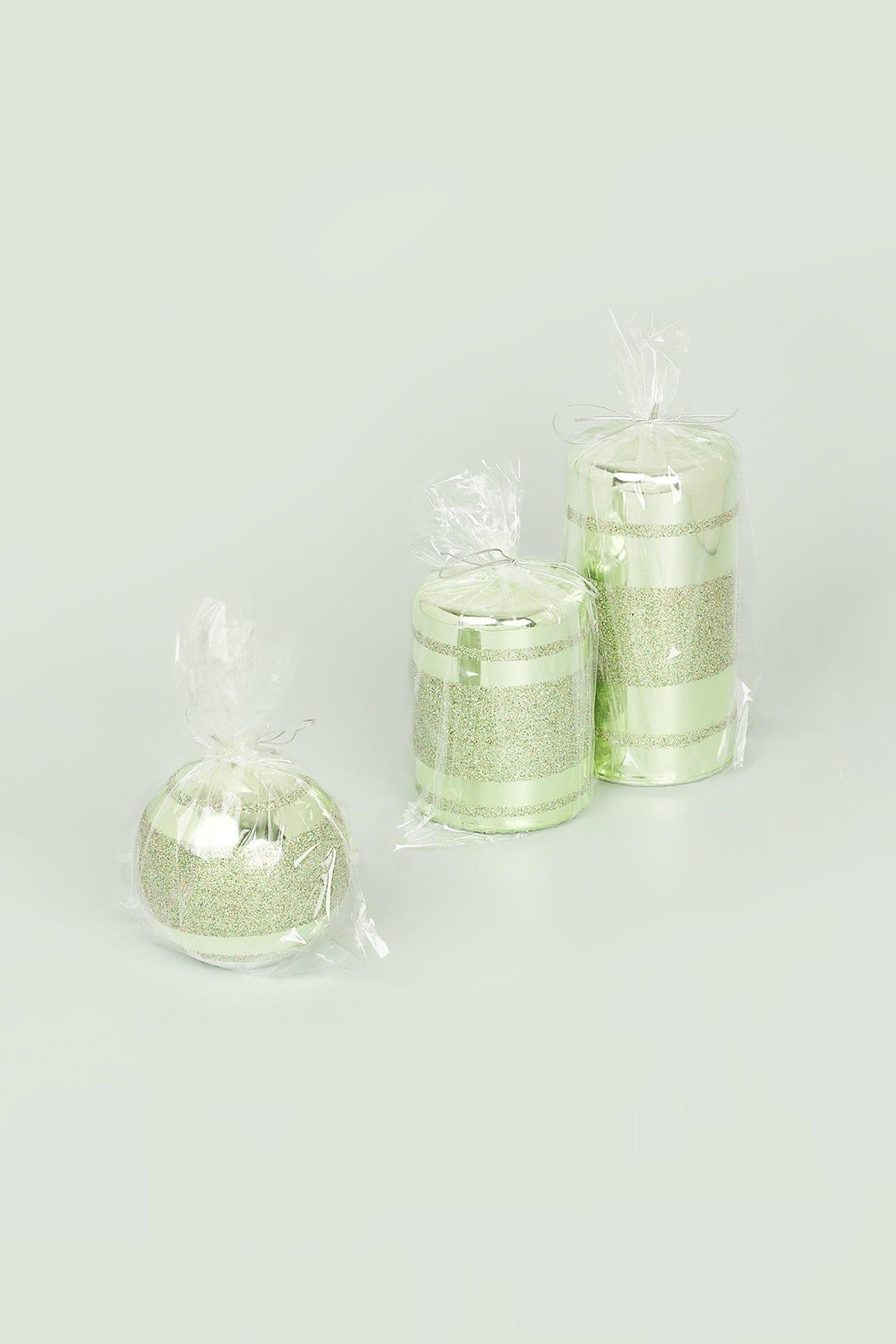 Mirror Glass Effect Clarae Limited Edition Hand-Finished Light Green Stripe Glitter Pillar &amp; Ball Candles - G Decor