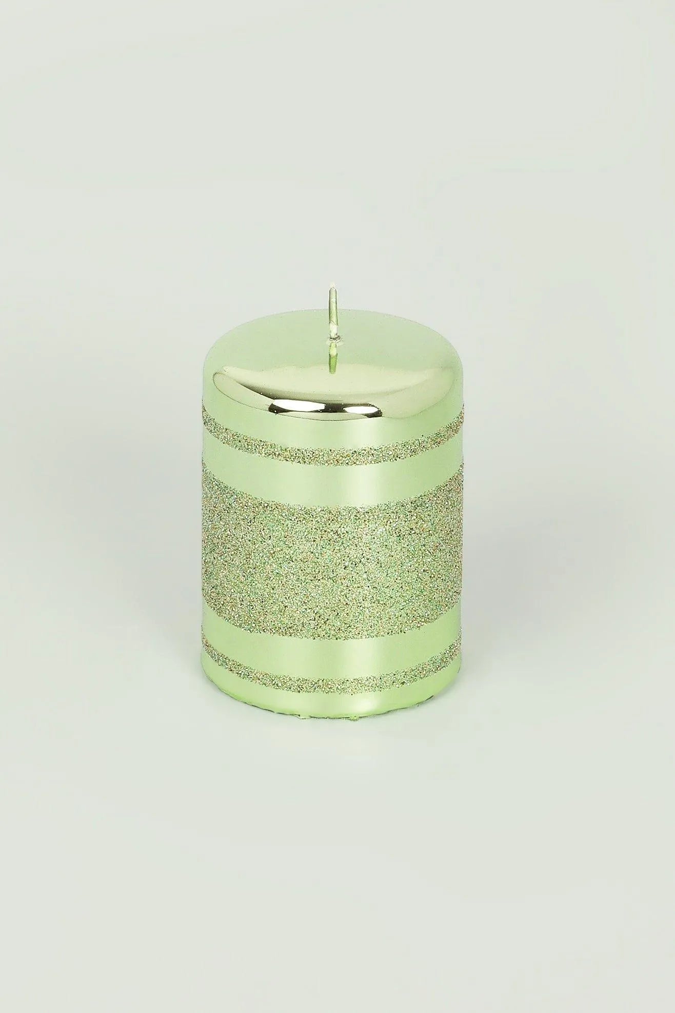 Clarae Pillar and Ball Candles, Light Green Stripe — close-up view, G Decor