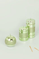 Clarae Mirror Glass Pillar and Ball Candles in Light Green Stripe Glitter — G Decor