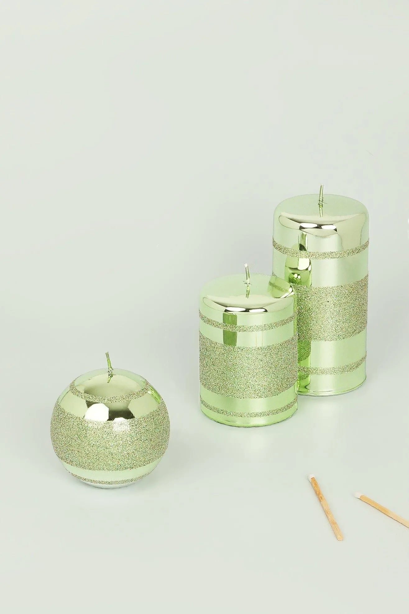 Clarae Mirror Glass Pillar & Ball Candles — Light Green Glitter