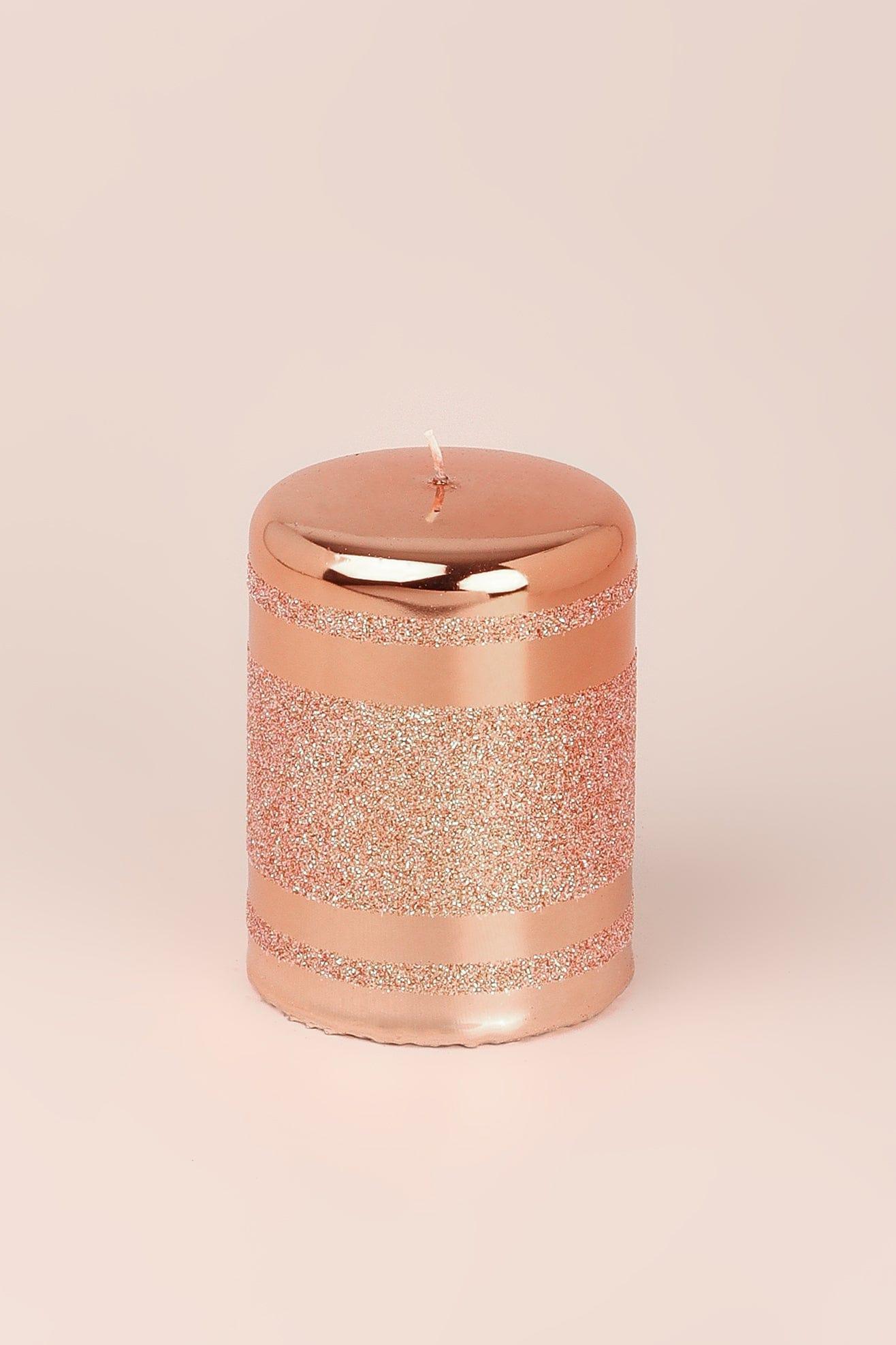 Mirror Glass Effect Clarae Limited Edition Hand-Finished Rose Gold Stripe Glitter Pillar &amp; Ball Candles - G Decor