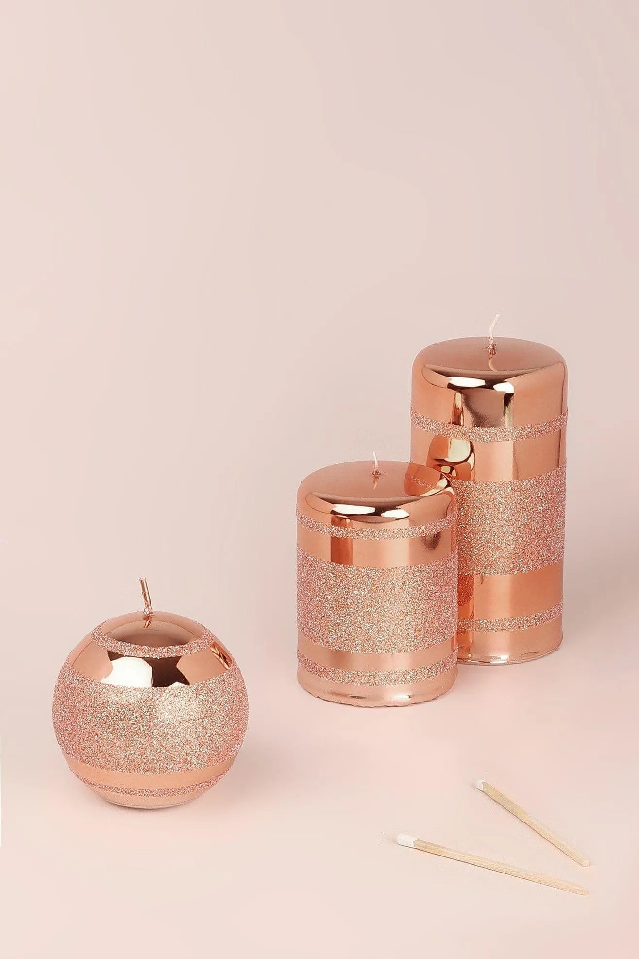 Clarae Mirror Glass Pillar & Ball Candles — Rose Gold Glitter