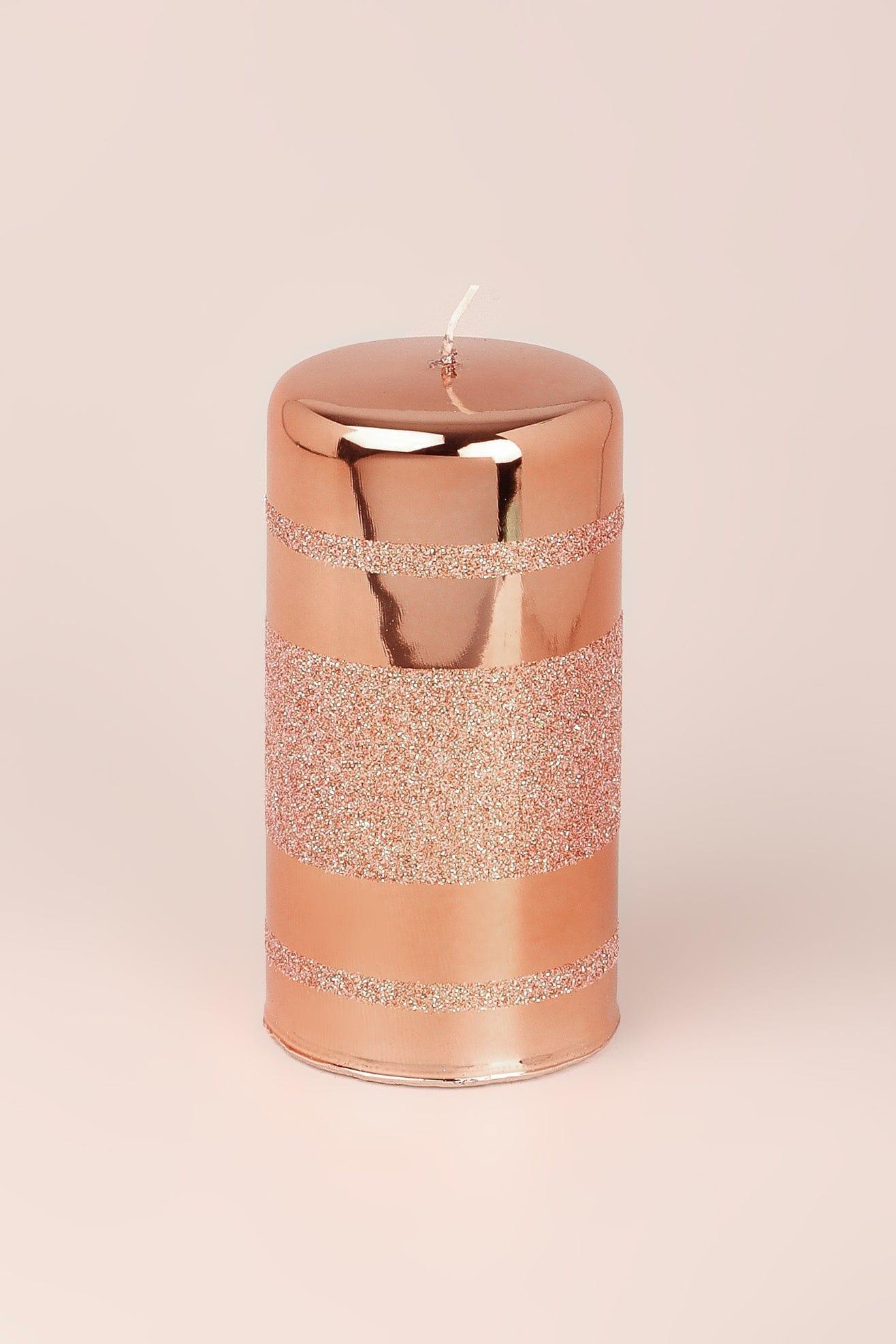 Mirror Glass Effect Clarae Limited Edition Hand-Finished Rose Gold Stripe Glitter Pillar &amp; Ball Candles - G Decor
