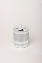 Clarae Mirror Glass Pillar and Ball Candles in Silver Stripe Glitter — close-up view, G Decor