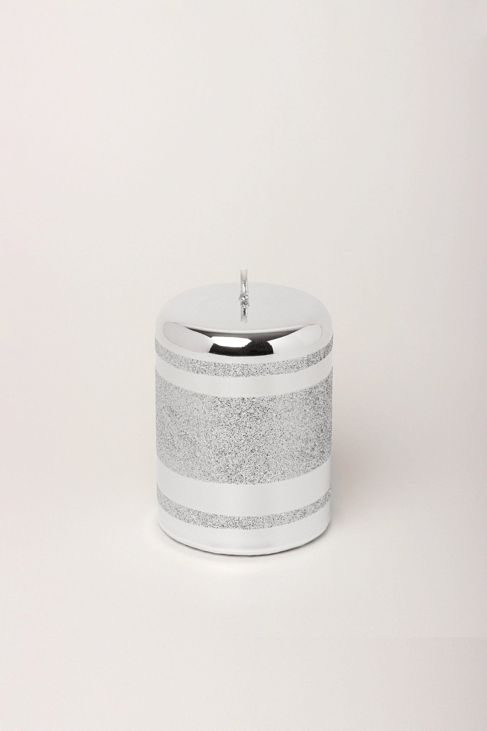 Clarae Mirror Glass Pillar and Ball Candles in Silver Stripe Glitter — close-up view, G Decor