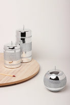 Clarae Mirror Glass Pillar and Ball Candles in Silver Stripe Glitter — G Decor
