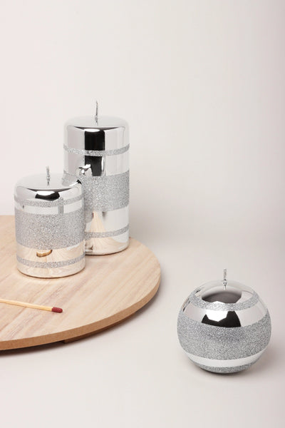 Clarae Mirror Glass Pillar and Ball Candles in Silver Stripe Glitter