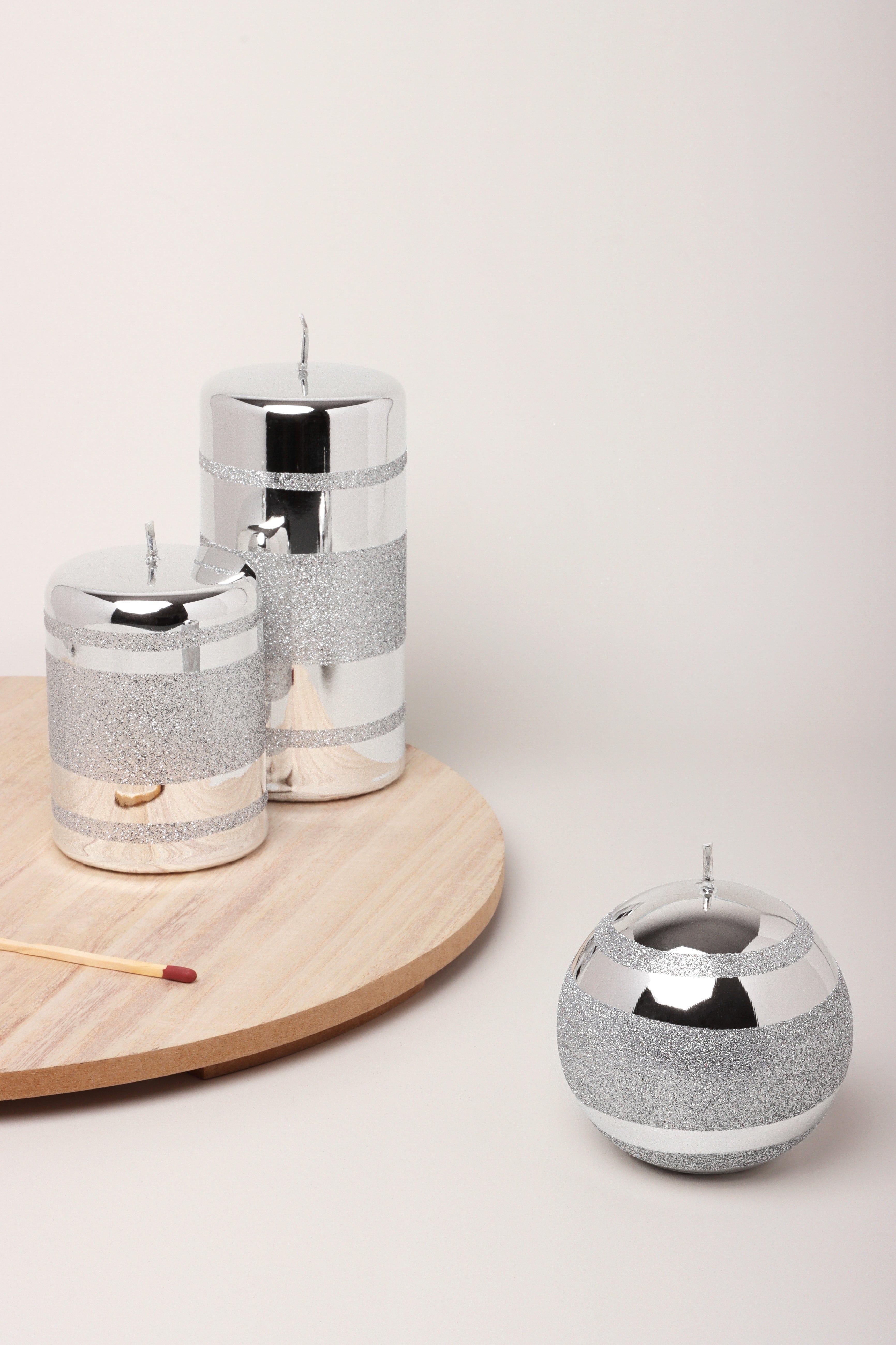 Mirror Glass Effect Clarae Limited Edition Hand-Finished Silver Stripe Glitter Pillar & Ball Candles - G Decor