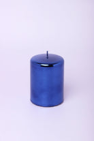 Clarae Reflet Mirror Glass Pillar and Ball Candle in Deep Sapphire — close-up view, G Decor