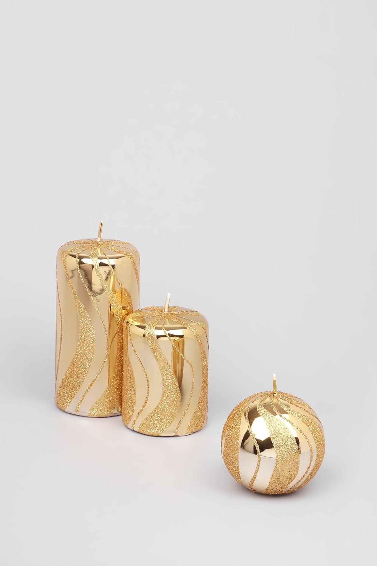 Mirror Glass Effect Limited Edition Hand-Finished Gold Spiral Glitter Pillar &amp; Ball Candles - G Decor