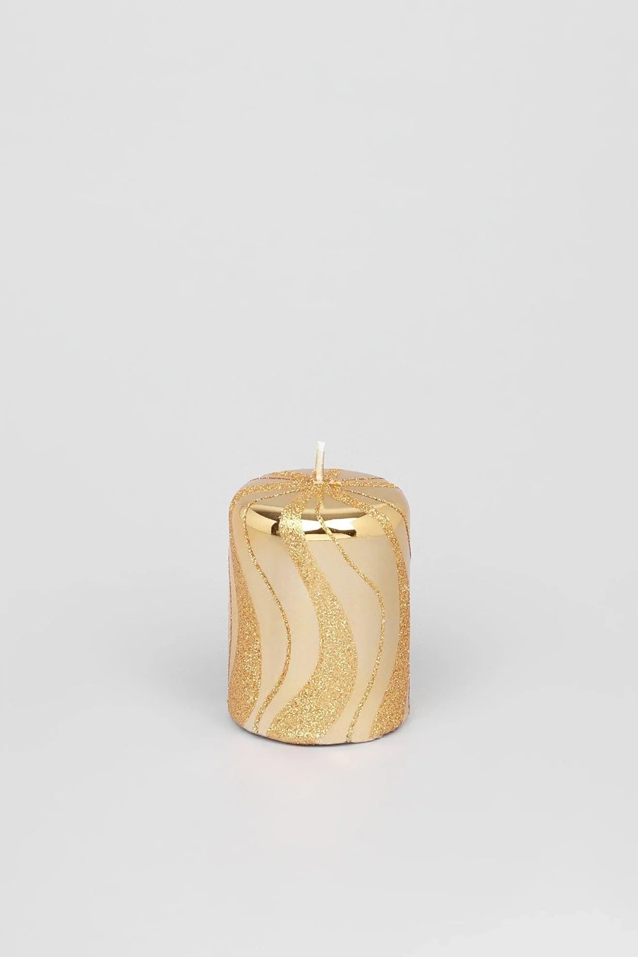 Mirror Glass Pillar and Ball Candles, Gold Spiral Glitter — close-up view, G Decor