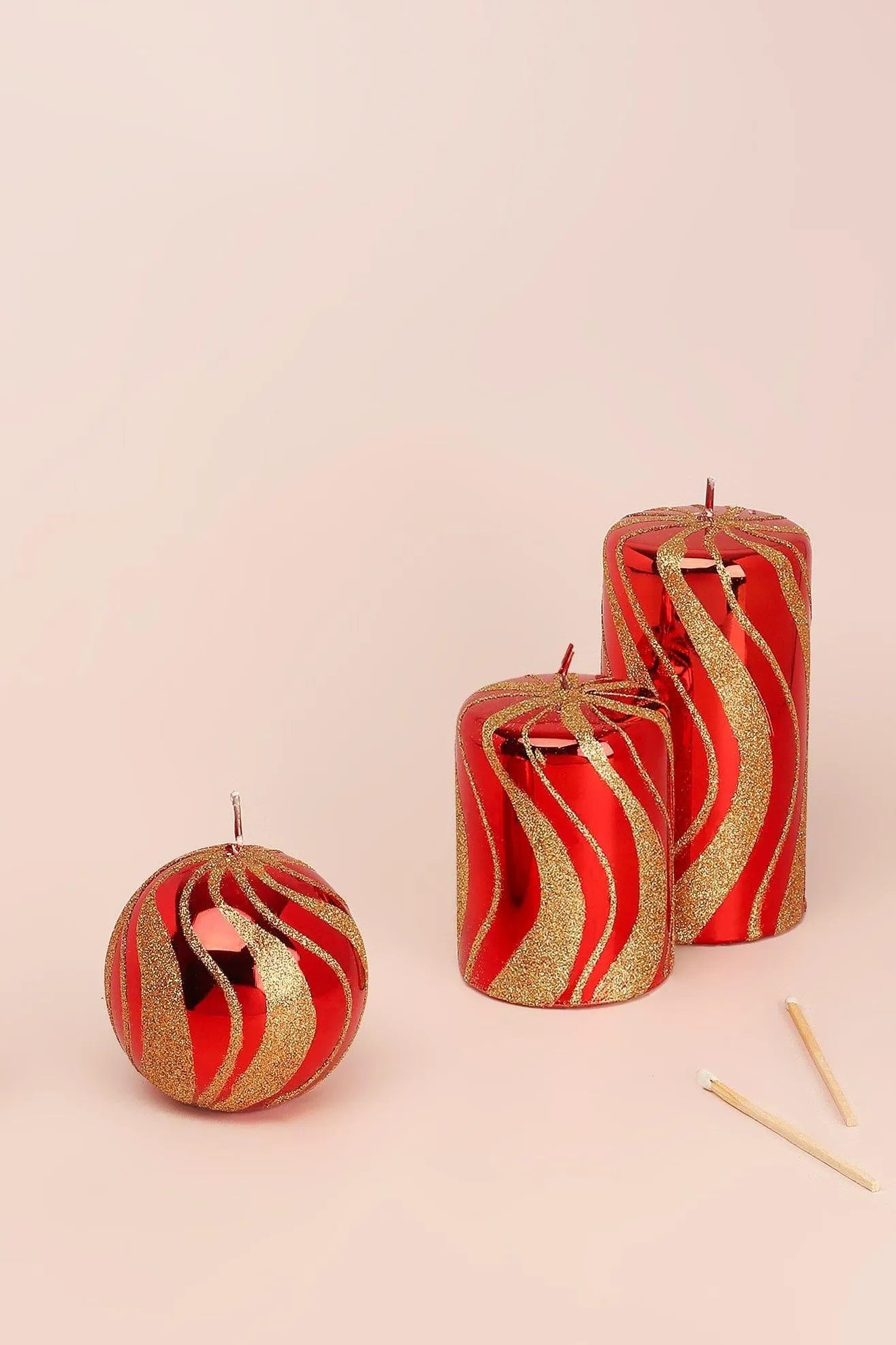 Mirror Glass Pillar and Ball Candles in Red and Gold Swirl Glitter