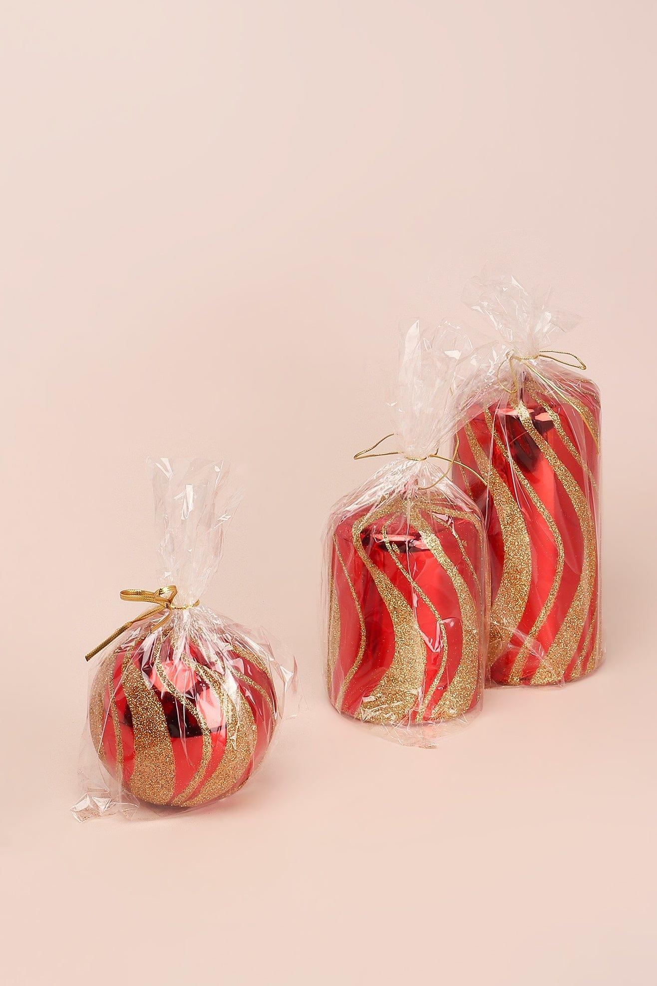 Mirror Glass Effect Limited Edition Hand-Finished Red &amp; Gold Swirl Glitter Pillar &amp; Ball Candles - G Decor