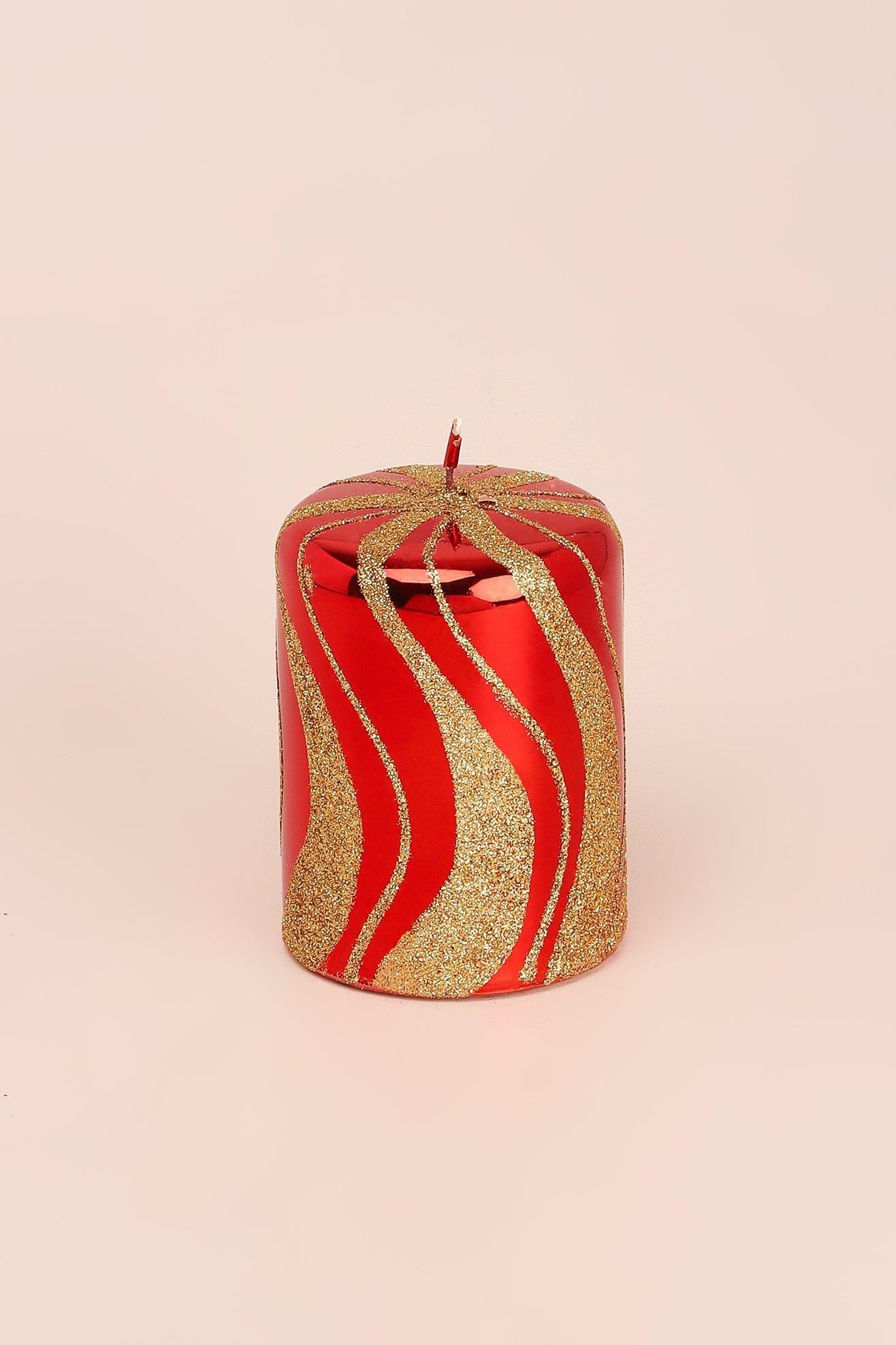 Mirror Glass Effect Limited Edition Hand-Finished Red &amp; Gold Swirl Glitter Pillar &amp; Ball Candles - G Decor
