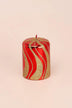 Mirror Glass Pillar and Ball Candles, Red and Gold Swirl — close-up view, G Decor