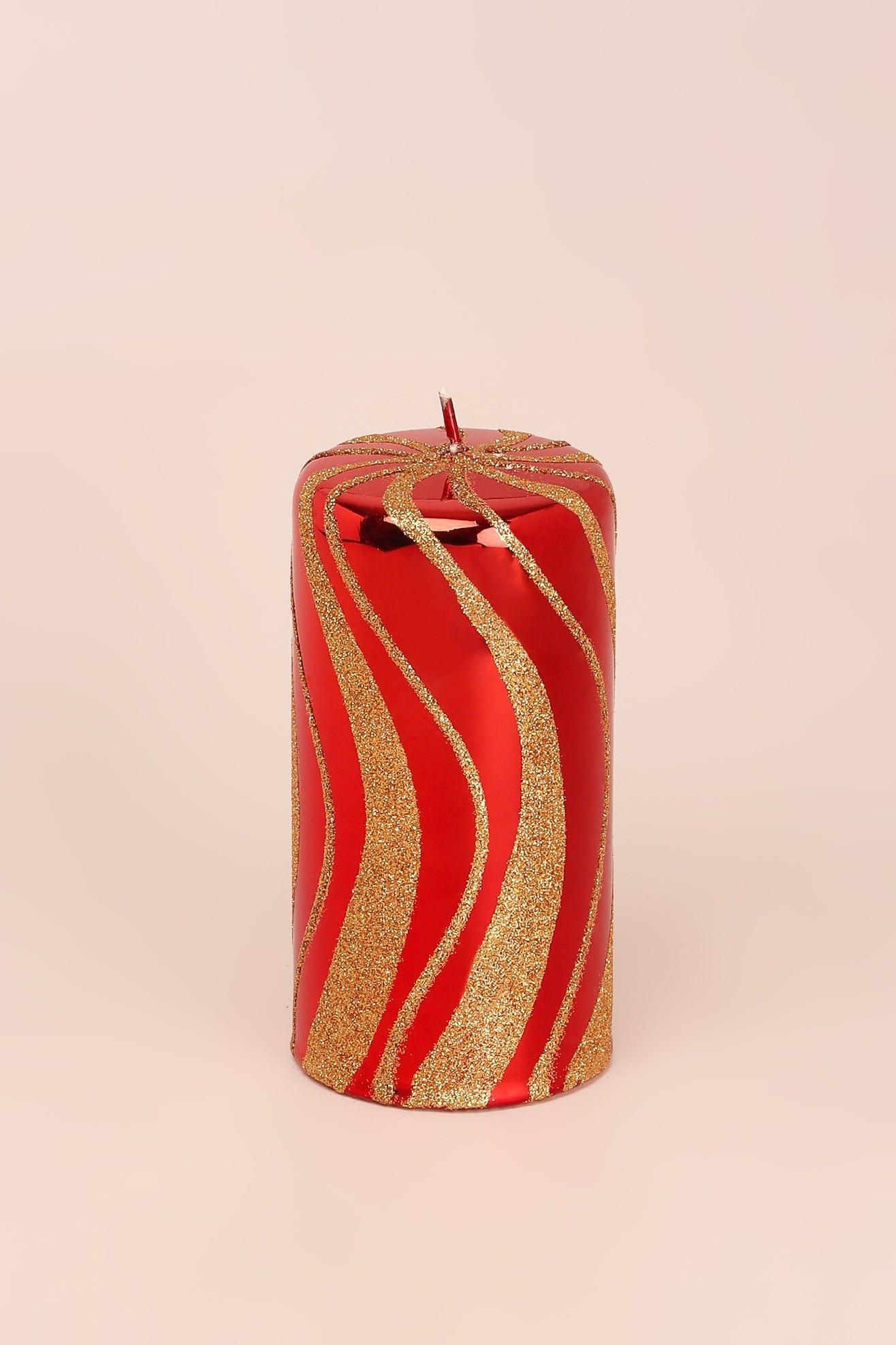 Mirror Glass Effect Limited Edition Hand-Finished Red &amp; Gold Swirl Glitter Pillar &amp; Ball Candles - G Decor